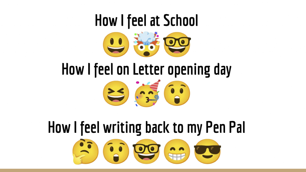 Collection of emojis describing how Vanessa feels during parts of the pen pal program.